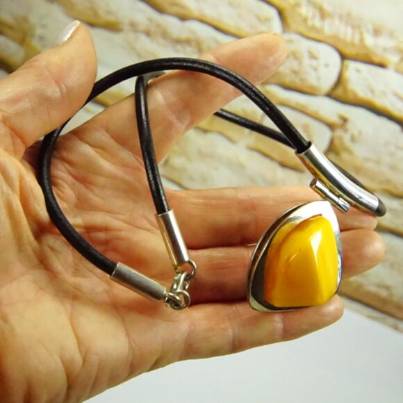 Baltic Amber and 925 Silver Black Leather Cord Modernist Necklace 18" - Her Gift - Picture 2 of 14